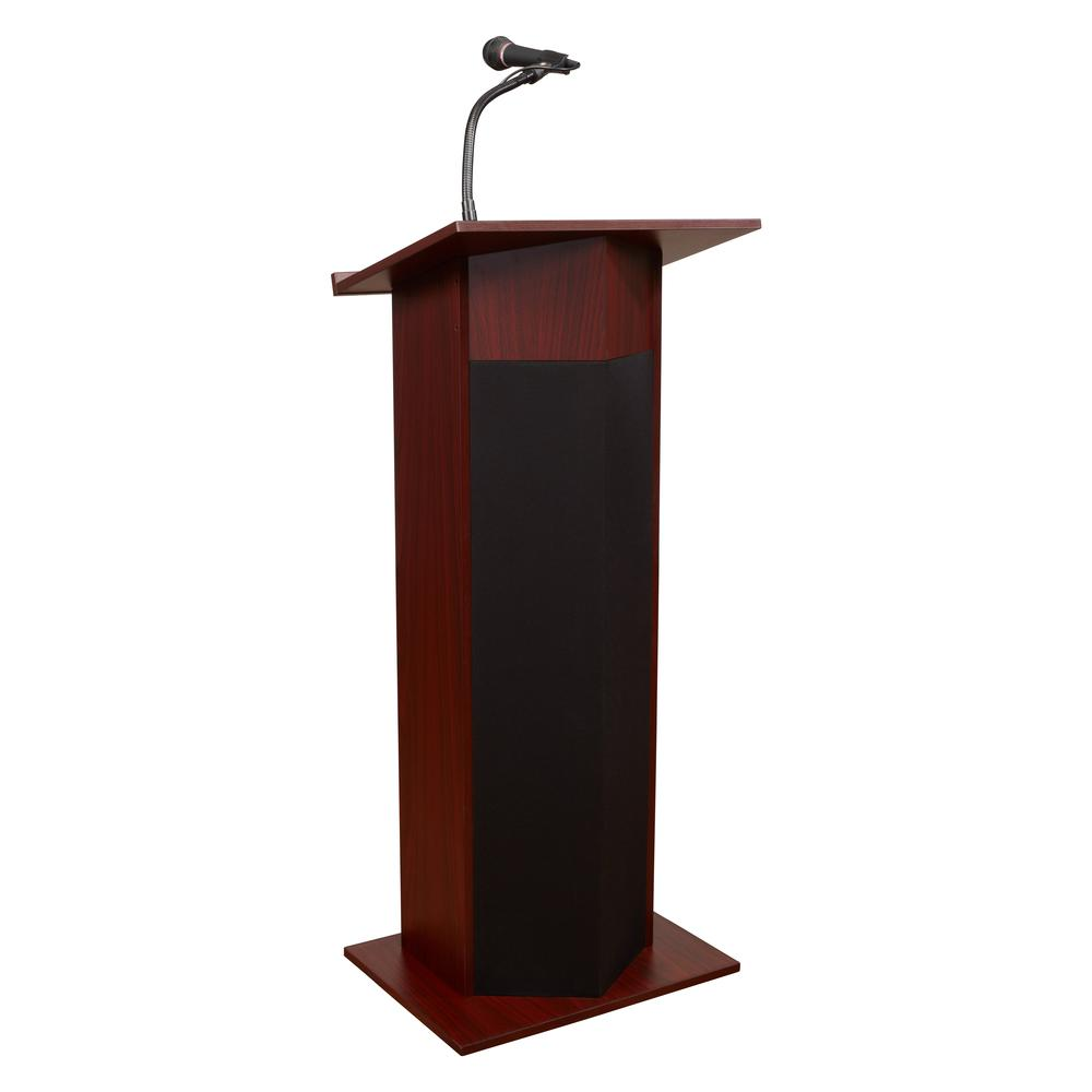 Oklahoma Sound Power Plus Lectern in mahogany wood with a flat top and built-in microphone stand, used for presentations and speeches.