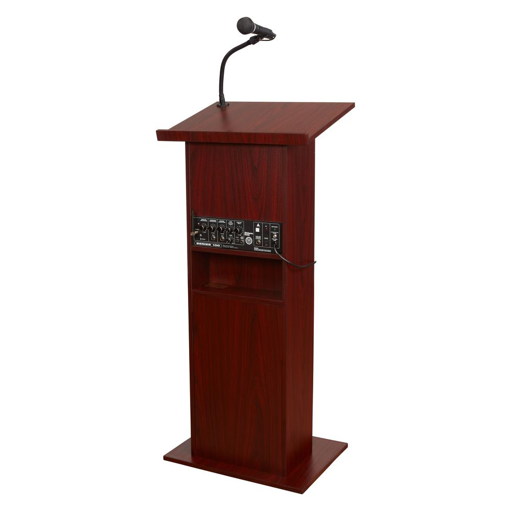 Oklahoma Sound Power Plus Lectern in mahogany wood, featuring a sleek, polished furniture design for presentations and speeches.