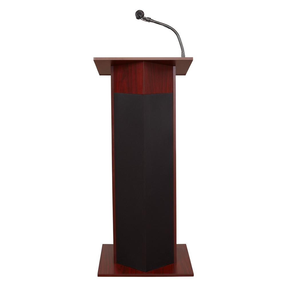 Oklahoma Sound Power Plus Mahogany Lectern, a sleek wooden furniture piece with a built-in microphone stand and adjustable height.
