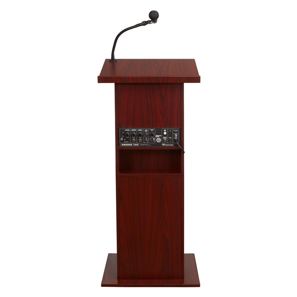 Oklahoma Sound Power Plus Mahogany Lectern, a sleek wooden furniture piece with a flat surface and built-in microphone stand.