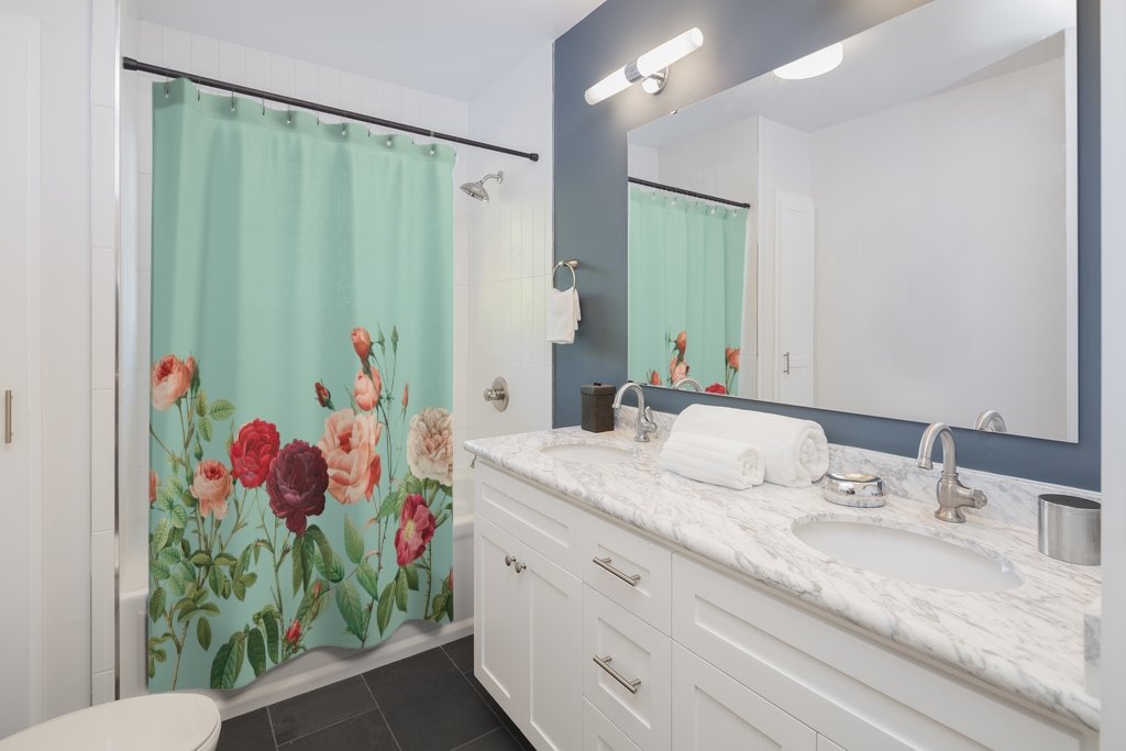Yellow Pandora teal shower curtain featuring a rose garden design, ideal for bathroom decor with floral and botanical motifs.