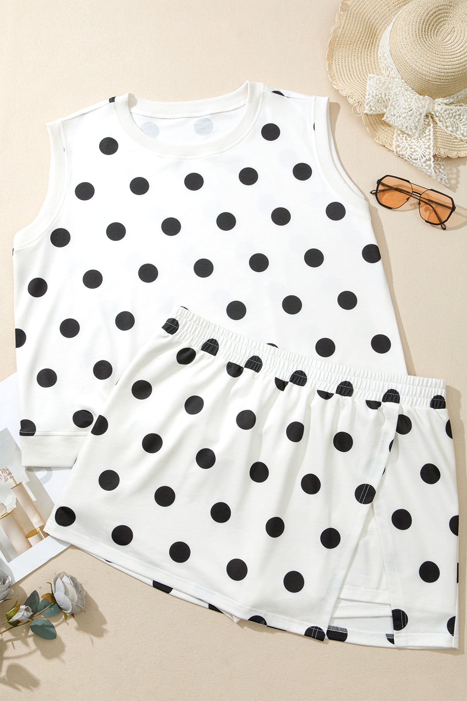 Plus size polka dot tank top and split skort set for women by Byzantium Bay, featuring a stylish, comfortable summer outfit.