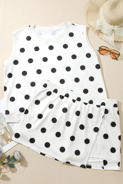 Plus size polka dot tank top and split skort set for women by Byzantium Bay, featuring a stylish, comfortable summer outfit.
