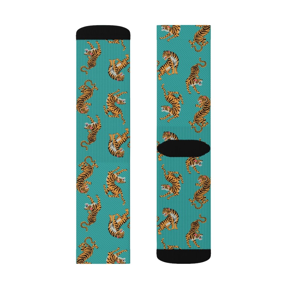 Yellow Pandora Tiger Fun novelty socks featuring playful tiger stripe patterns and colorful designs for kids or casual wear.