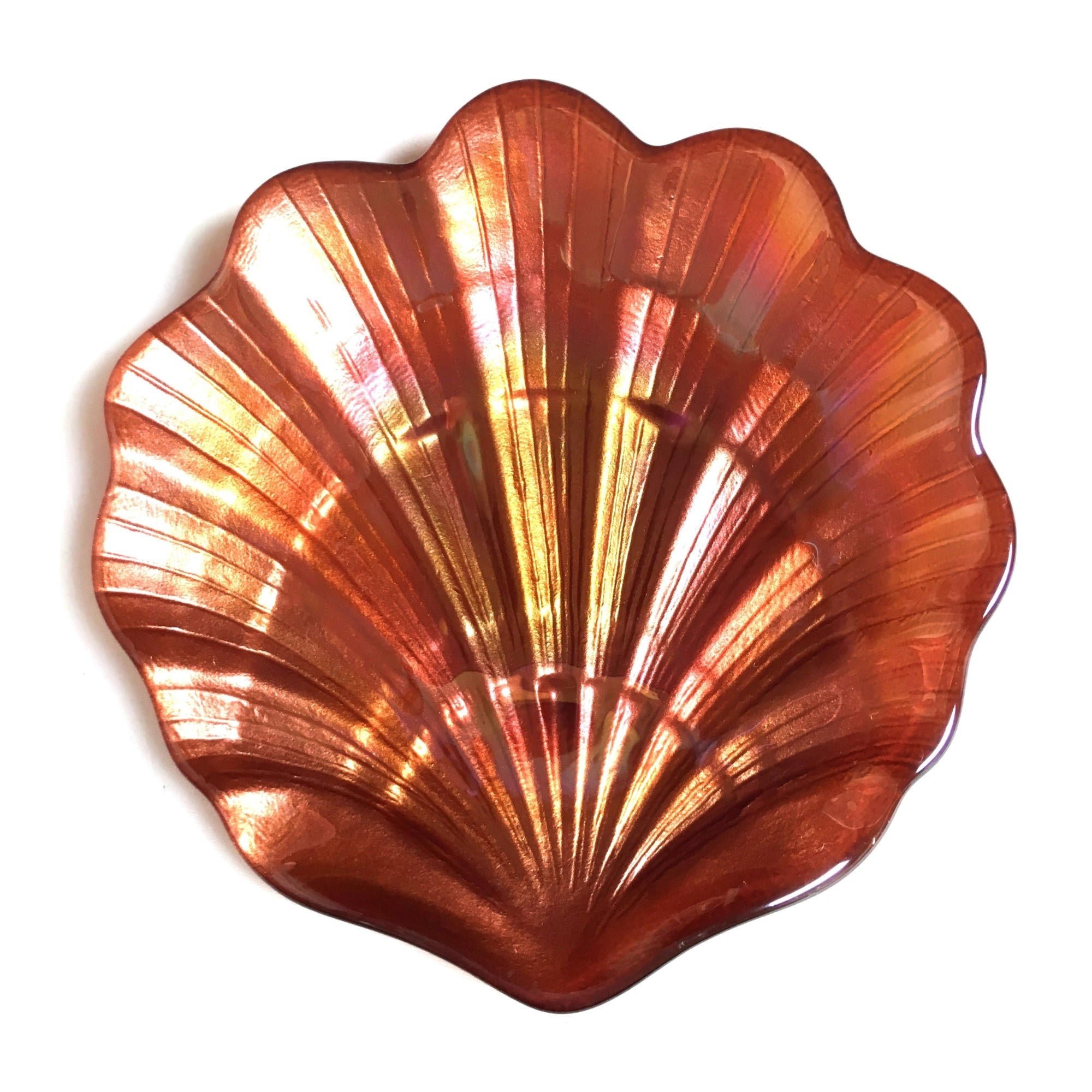 Set of 4 White Zeus scallop shell copper canapé plates, 5.5 inches, ideal for serving appetizers in home and garden settings.