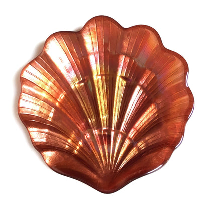 Set of 4 White Zeus scallop shell copper canapé plates, 5.5 inches, ideal for serving appetizers in home and garden settings.