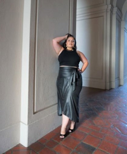 Automotive faux leather maxi wrap skirt by Jade Icarus featuring sleek design and high-quality material.