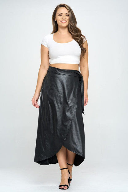 Faux leather maxi wrap skirt by Jade Icarus, showcasing a sleek, stylish design with a wrap-around style and smooth leather texture.