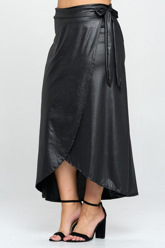 Automotive faux leather maxi wrap skirt by Jade Icarus featuring sleek design and detailed stitching, displayed on a neutral background.