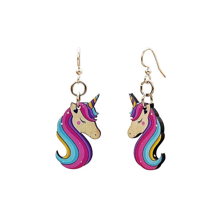 Red Sunflower Bashful Unicorn earrings featuring cute unicorn charms with pastel colors and silver hooks for pierced ears.