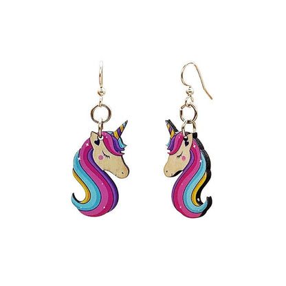 Red Sunflower Bashful Unicorn earrings featuring cute unicorn charms with pastel colors and silver hooks for pierced ears.