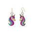 Red Sunflower Bashful Unicorn earrings featuring cute unicorn charms with pastel colors and silver hooks for pierced ears.