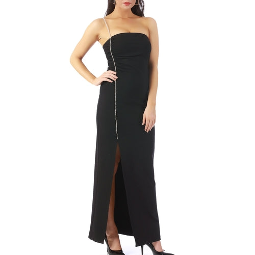 Black Scarlet Leek InstantFigure long dress with rhinestone strap, elegant women&