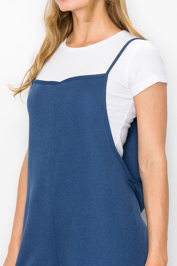 Blue Yellow Hera cropped wide-leg oversized jumpsuit with short sleeves and relaxed fit, displayed on a hanger.