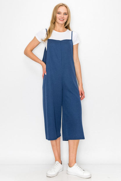 Blue yellow Hera cropped wide-leg oversized jumpsuit, casual dress with relaxed fit and cropped hem, stylish and comfortable.