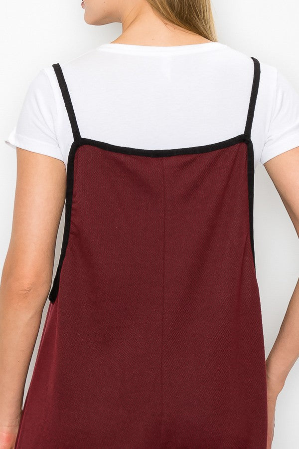 Burgundy oversized jumpsuit with cropped wide-leg pants, made by Yellow Hera, featuring a relaxed, stylish dress design.