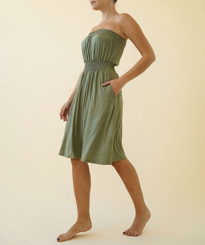 Knee-length bamboo tube dress for women by Jade Icarus, featuring a fitted silhouette and natural bamboo fabric.