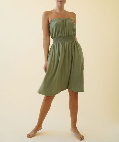 Knee-length bamboo tube dress by Jade Icarus, made for women, featuring a fitted sleeveless design and natural bamboo fabric.