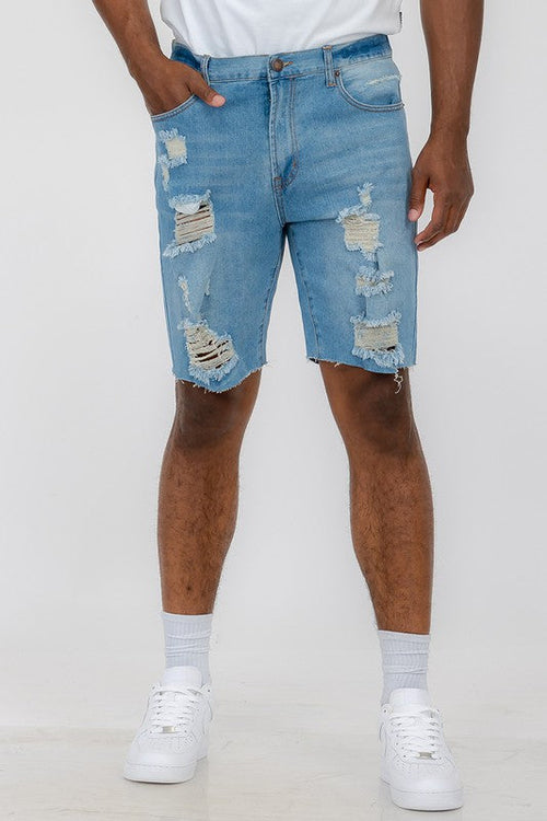 Jade Icarus distressed stretch denim shorts for automotive styling, shown with frayed edges and a fitted, casual look.