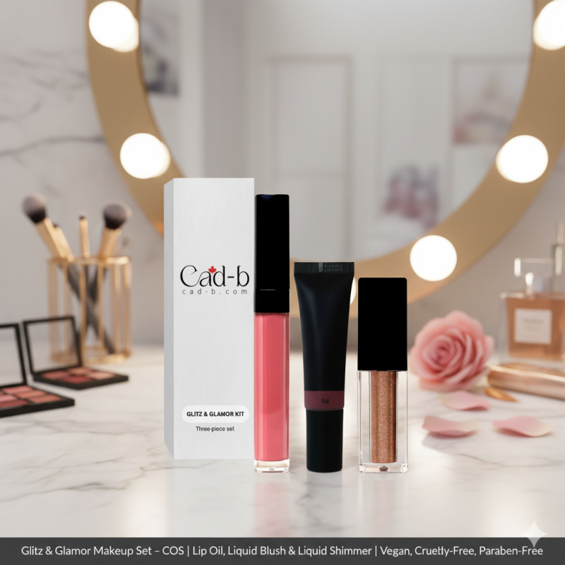 Start2Finish Glitz &amp; Glamor Makeup Set with lip oil, liquid blush, and shimmer for a vegan, cruelty-free beauty look.