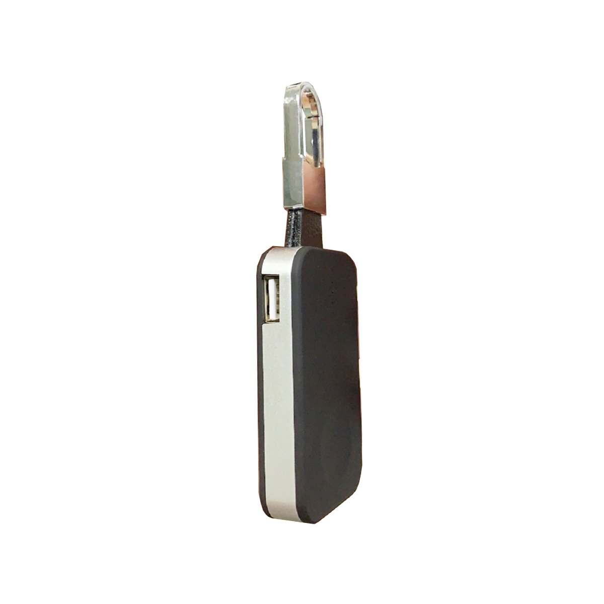 Salmon Lucky Apple Watch wireless charger power bank on key chain, portable tech accessory with compact design and built-in charging features.