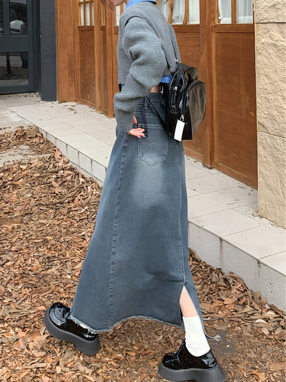 High-waisted skinny denim skirt for girls by Carmine Juneberry, featuring a fitted design and classic blue denim fabric.