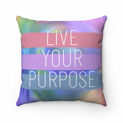 Yellow Pandora Live Your Purpose cushion for home decor, featuring inspirational text in four sizes, decorative and cozy accent piece.