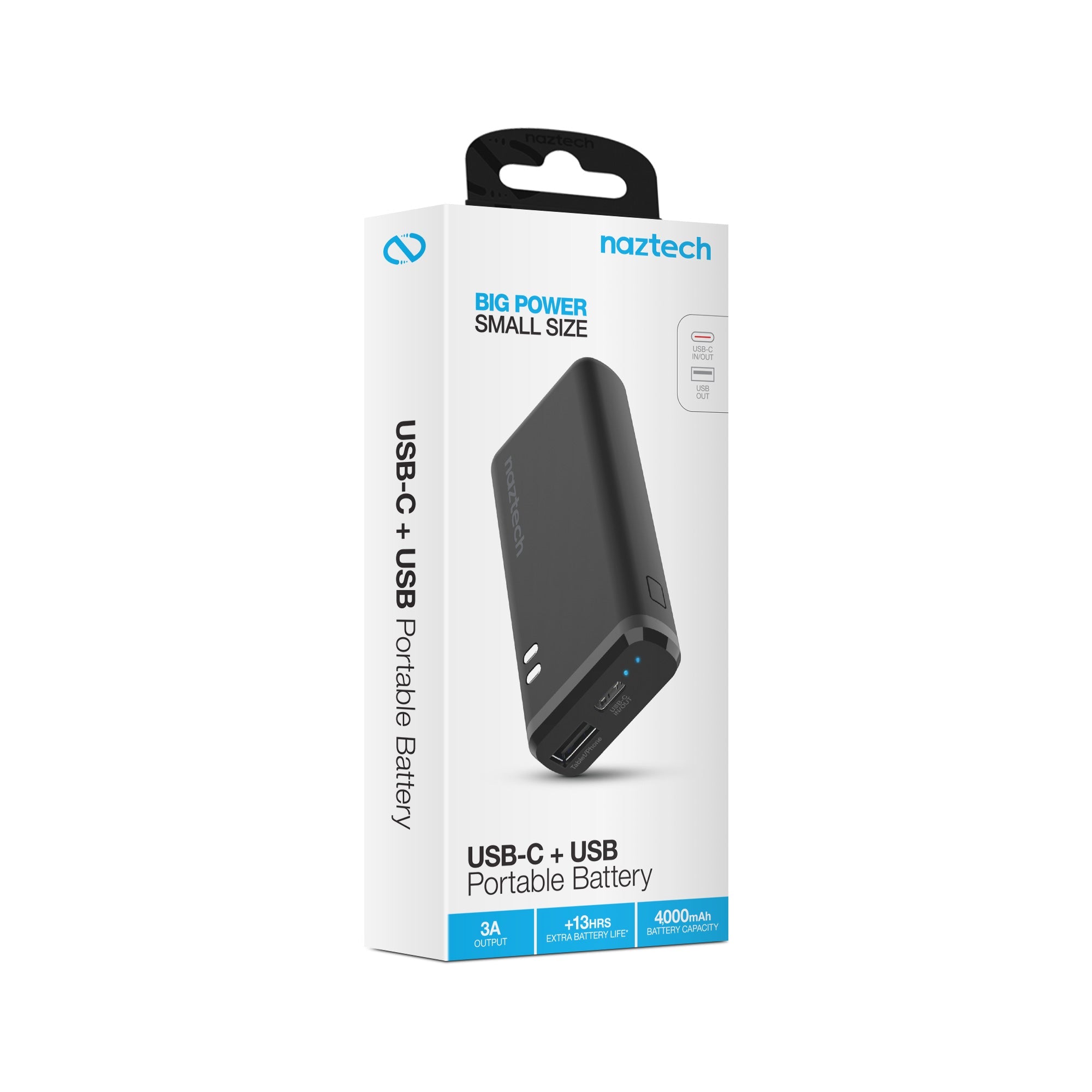 Sky Iapetus Naztech 4000mAh USB-C and USB power bank showing ports and compact design for mobile and laptop charging.