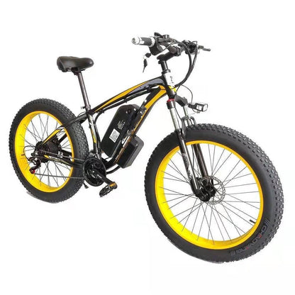 Carmine Juneberry Forever™ E-Glide Snow 26 electric mountain bike with 21-speed gears, fat tires, and 350W motor.