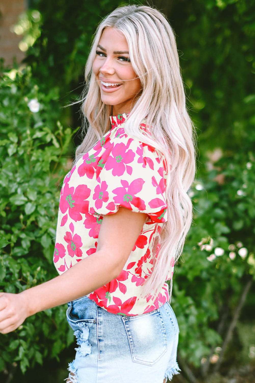 Beige floral puff sleeve blouse with frilled neckline from Carmine Juneberry, stylish top for casual or dressy wear.