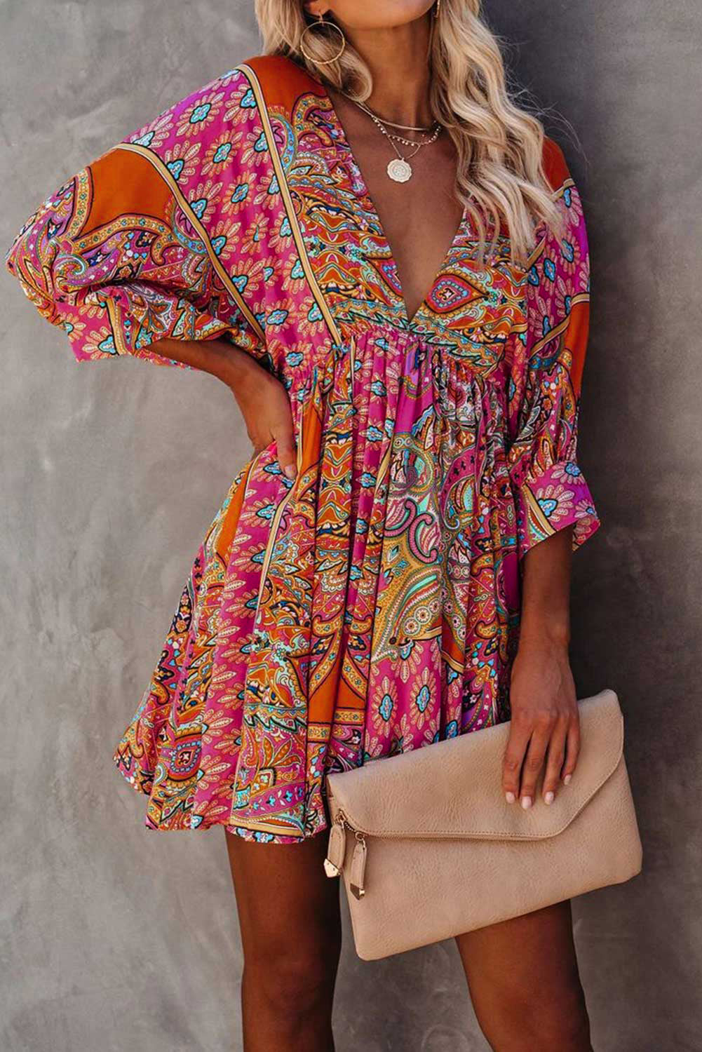 Multicolour V-neck bohemian vintage print mini dress with 3/4 sleeves for women by Lavender Pallas.