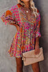 Multicolour V-neck bohemian vintage print mini dress with 3/4 sleeves, designed for women by Lavender Pallas.