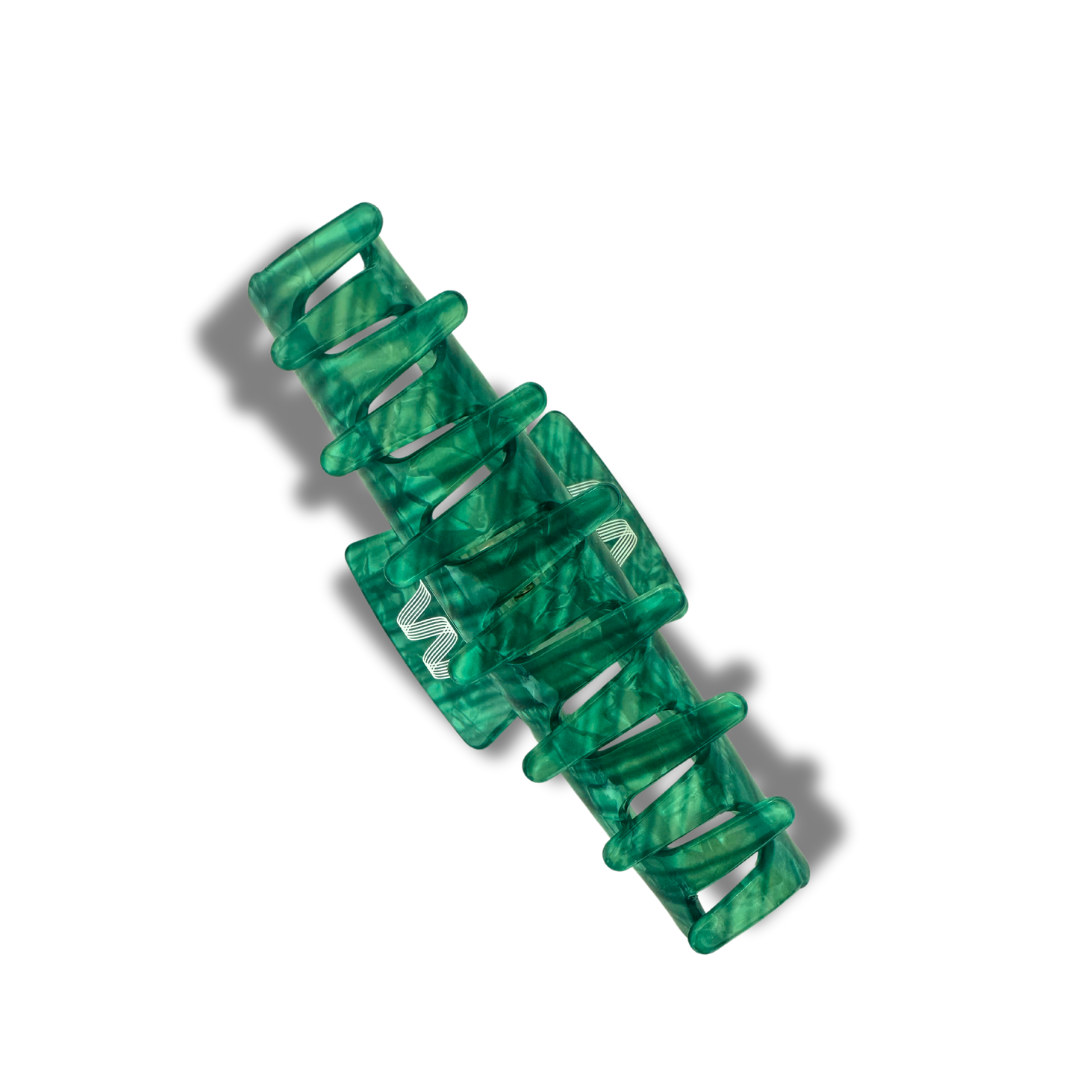 Green Saffron Jade Hair Claw, a natural green gemstone hair clip with a sleek design for secure styling.