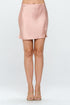 Solid satin mini skirt with slit, designed for automotive-inspired fashion by Jade Icarus. Bright, smooth fabric with a stylish slit detail.