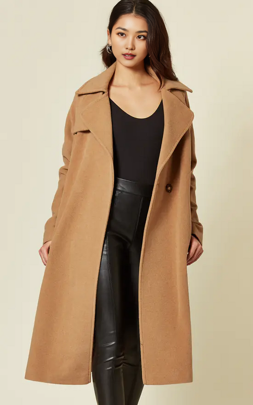 Camel Diana wrap-around duster coat by Rose Eleusis, shown on model featuring long sleeves and flowing silhouette.