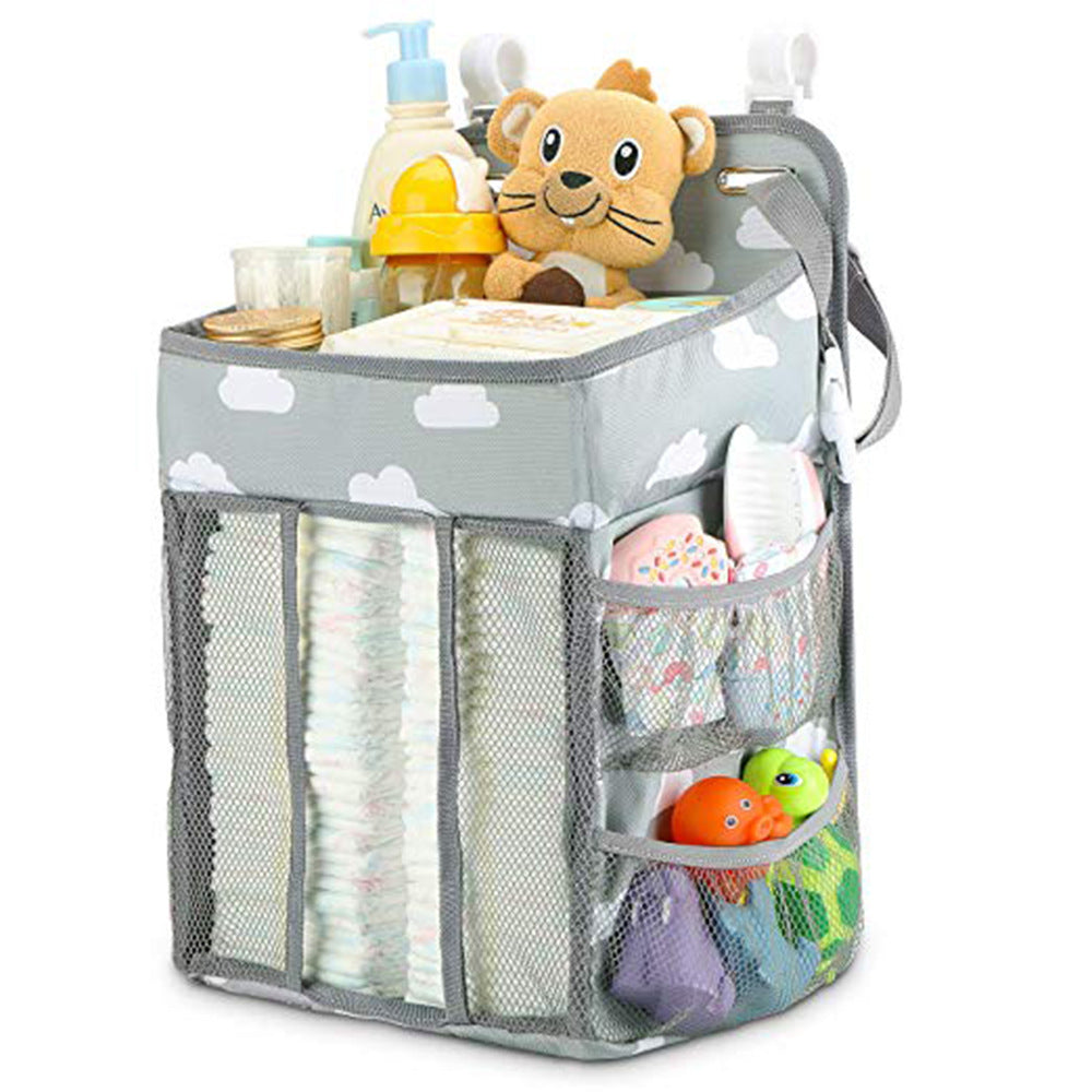 Maroon Asteria portable baby crib organizer hanging bag with multiple compartments for baby essentials.