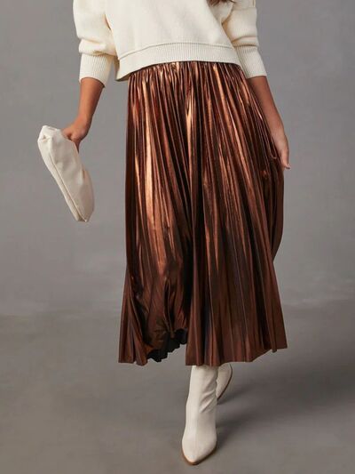 Taupe Oliver pleated midi skirt for women, luxurious designer autumn skirt, shown with elegant pleats and a comfortable fit.