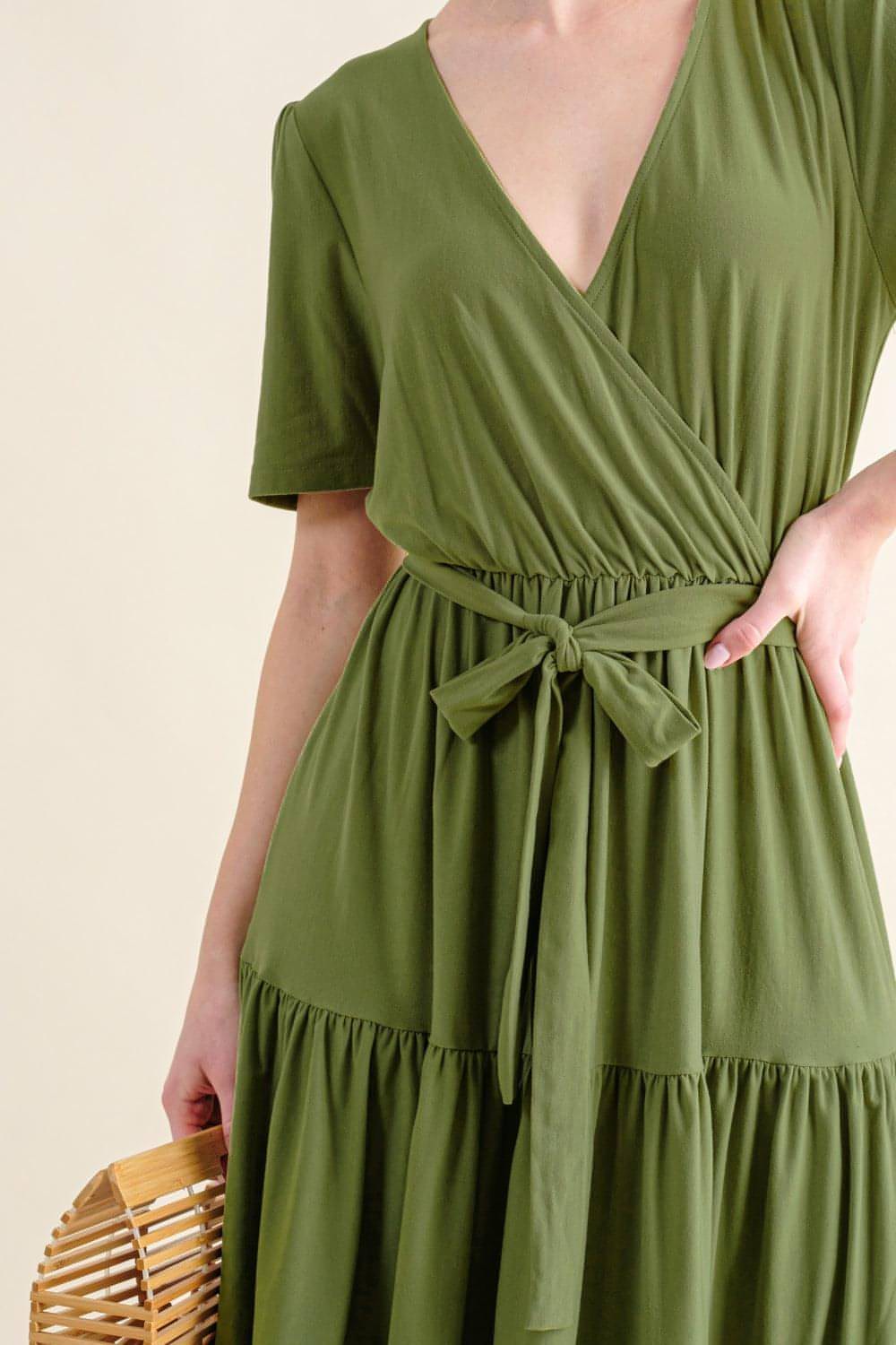 Carmine Juneberry soft short sleeve tiered midi dress with flowy fabric and layered design, perfect for casual or semi-formal wear.