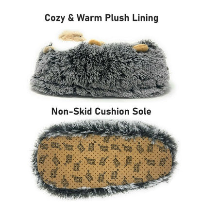 Kids Hedge Hugs fluffy house slippers by Jade Icarus featuring soft, plush material and fun hedge hug design for children.