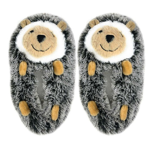 Kids fluffy house slippers by Jade Icarus, Hedge Hugs design, soft and cozy footwear for children and babies.