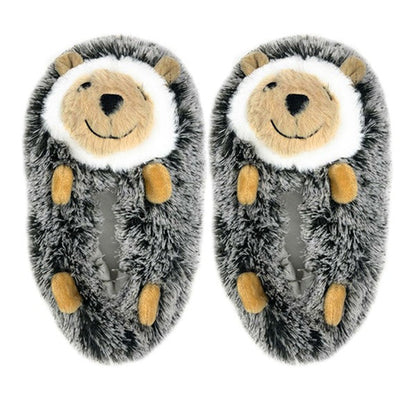 Kids fluffy house slippers by Jade Icarus, Hedge Hugs design, soft and cozy footwear for children and babies.
