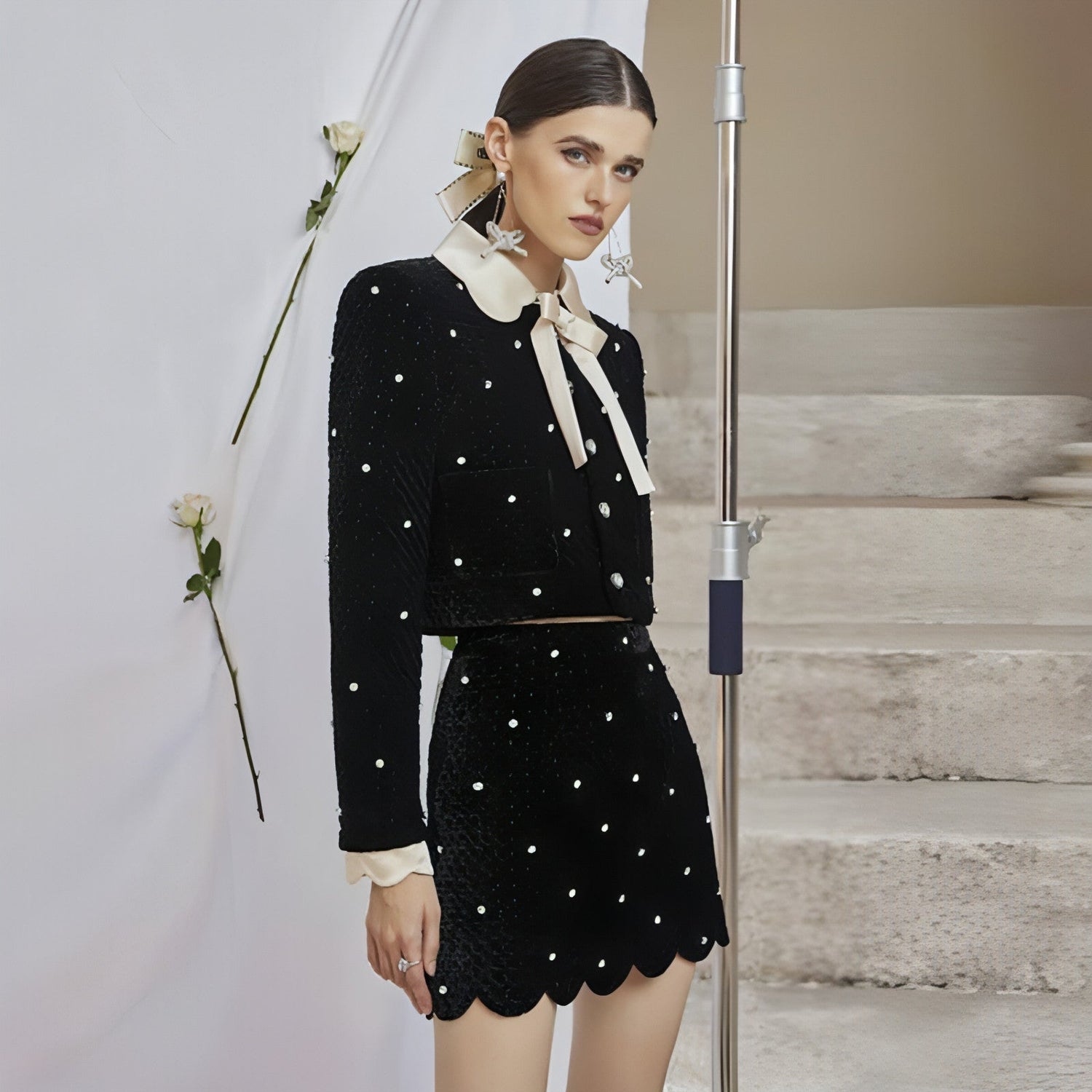 Carmine Juneberry fall velvet skirt and top two-piece set for women, featuring a stylish and elegant design.