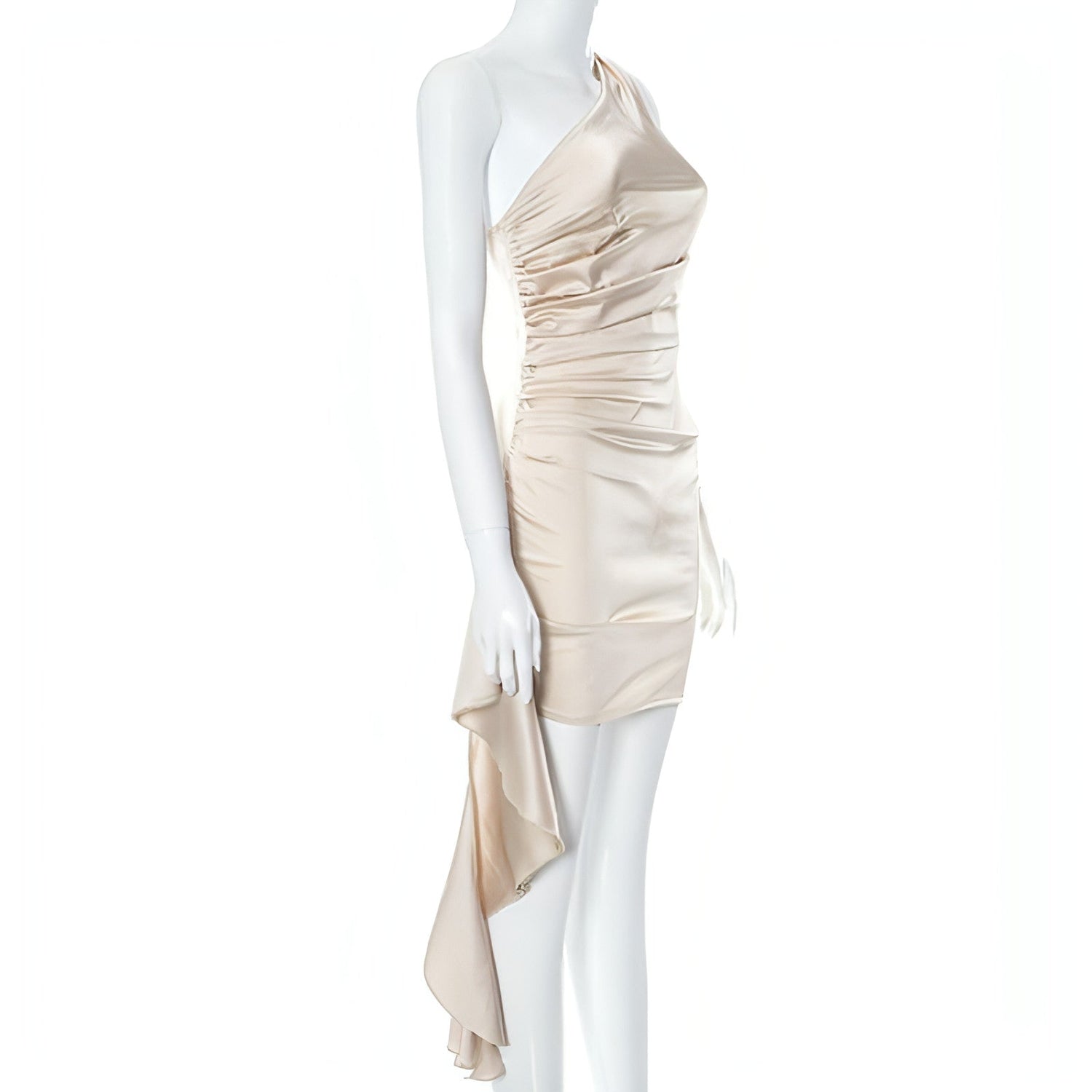 Carmine Juneberry sleeveless slim fit crossbody dress displayed on a hanger, showcasing its sleek, modern design and fabric details.