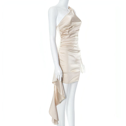 Carmine Juneberry sleeveless slim fit crossbody dress displayed on a hanger, showcasing its sleek, modern design and fabric details.