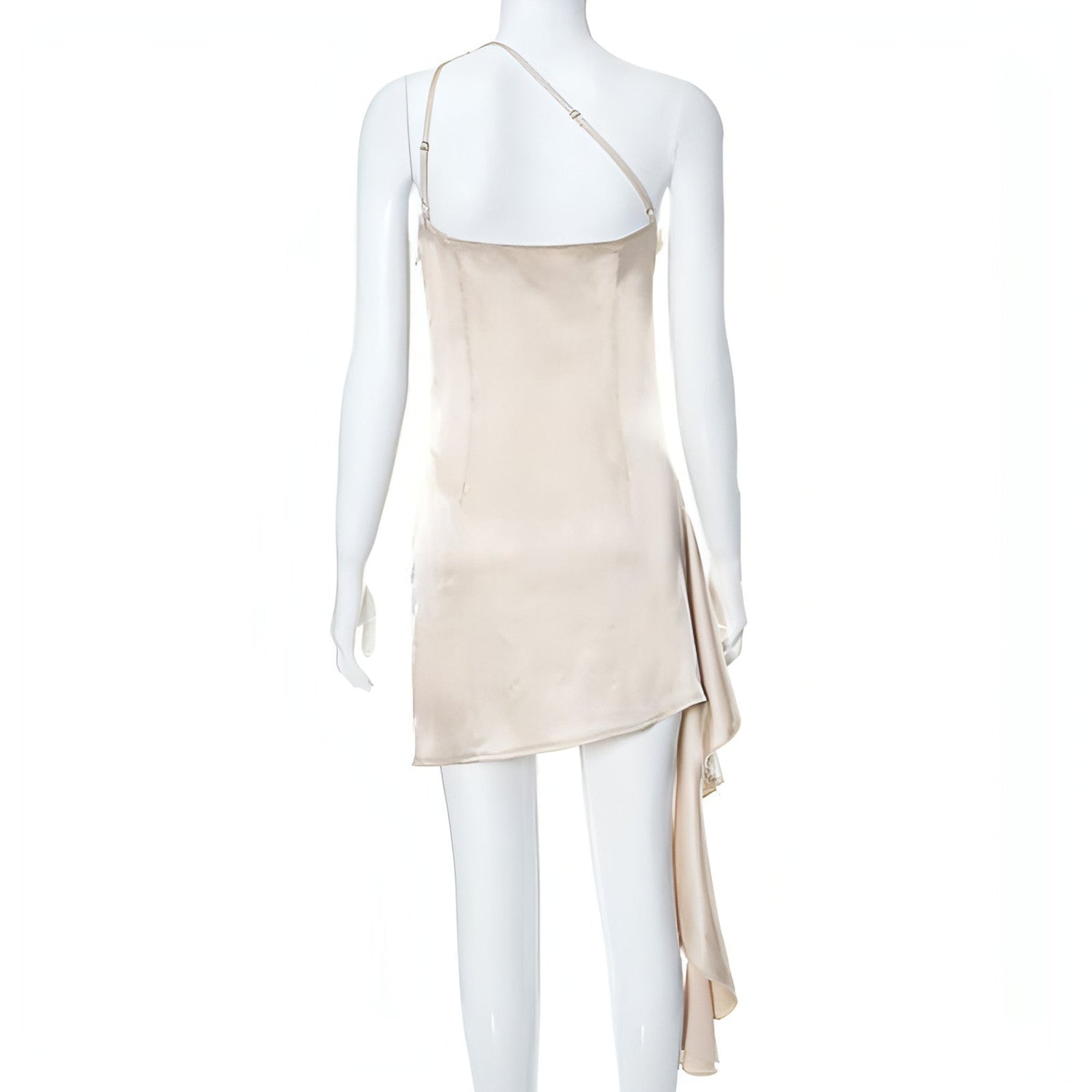 Carmine Juneberry sleeveless slim fit crossbody dress in a sleek, modern style, displayed on a mannequin.