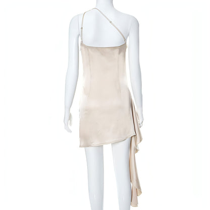 Carmine Juneberry sleeveless slim fit crossbody dress in a sleek, modern style, displayed on a mannequin.