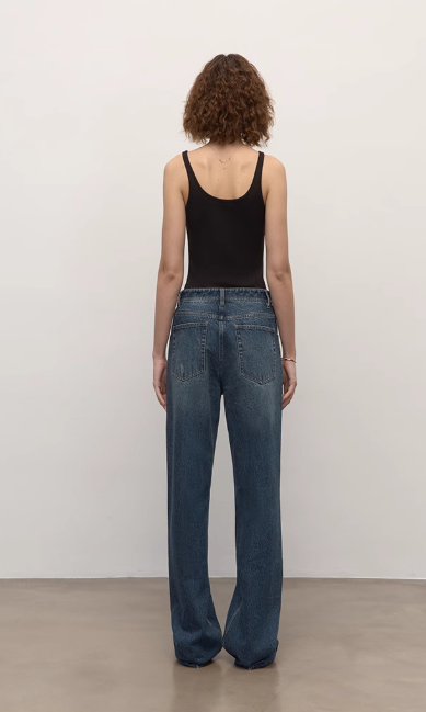 Brown Coeus long-staple cotton micro-stacked straight jeans, showcasing the classic fit and detailed stitching.