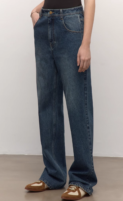Brown Coeus long-staple cotton micro-stacked straight jeans, showcasing the fit and fabric texture.