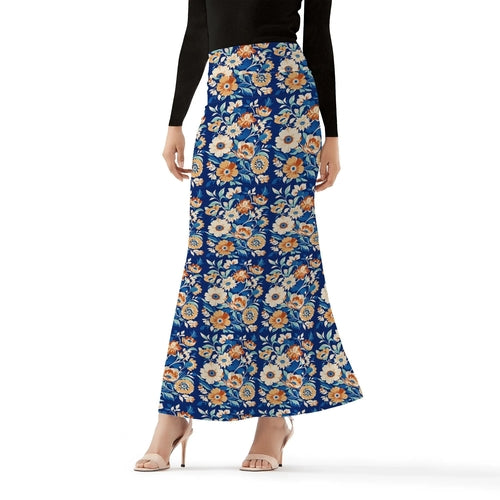 Women’s floral wrap fishtail long skirt from Lemon Misty, featuring a flowing design and vibrant floral pattern.