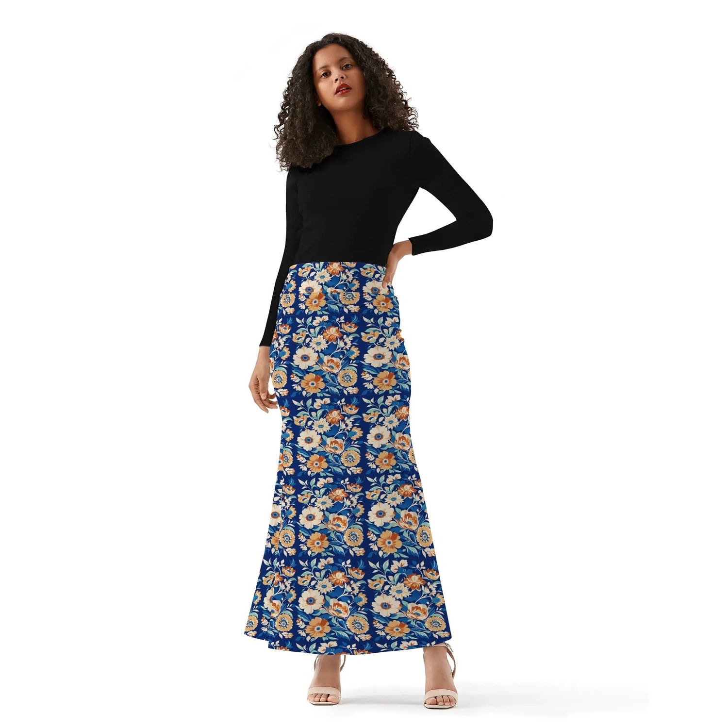 Women’s floral wrap fishtail long skirt by Lemon Misty, featuring a flowing design with vibrant floral patterns.